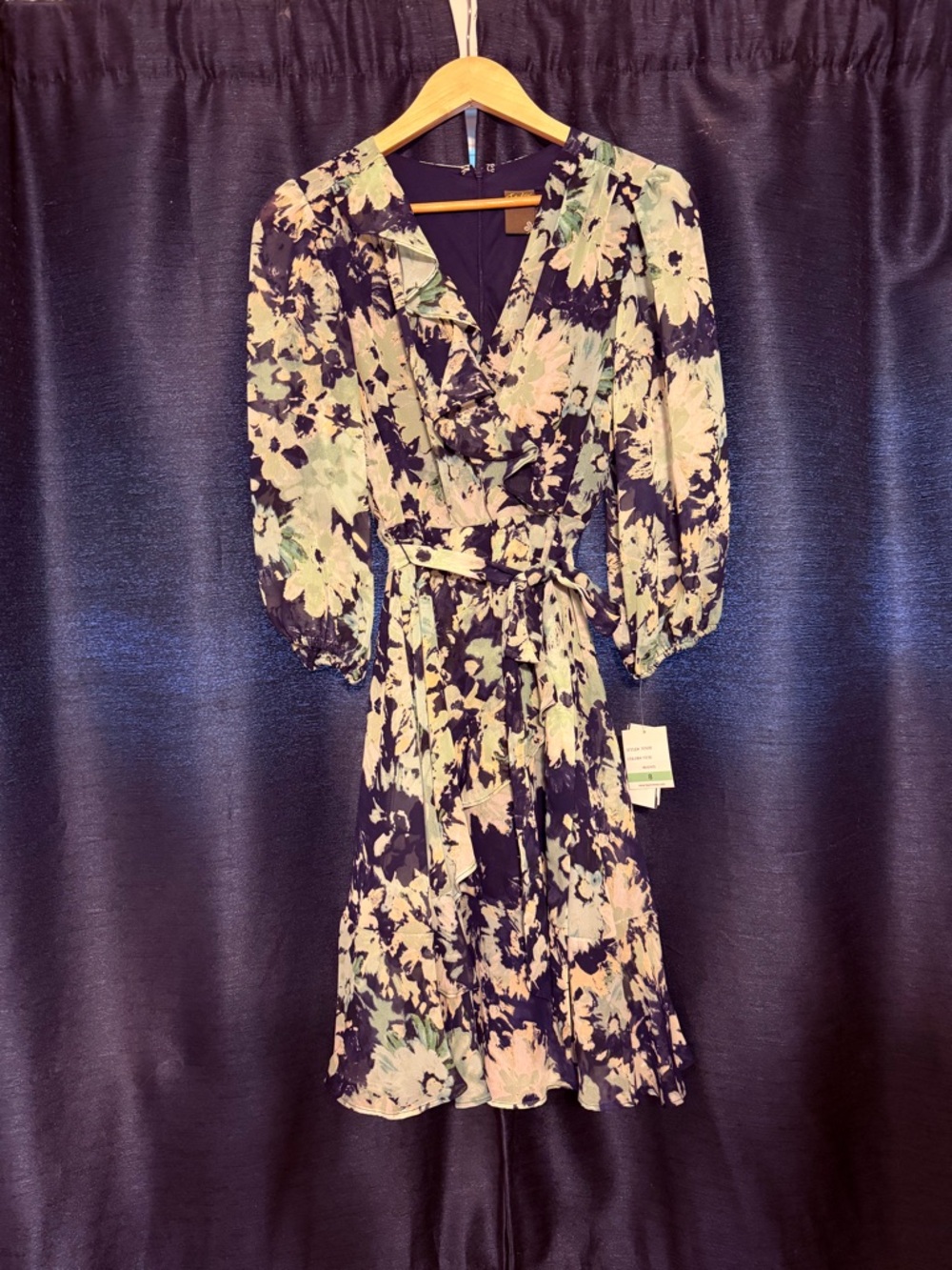 Taylor Navy Floral Wrap Midi Dress with Pale Pink and Mint Accents